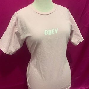 Obey pink T, size Small. Lightly loved. White logo